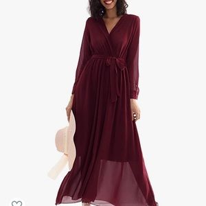Maxi Dress Deep V Neck Wrap Long Sleeve Swing Chiffon Dress - wine burgundy